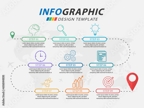 Infographic design template. Timeline concept with 9 options or steps template. layout, diagram, annual, pin location, start up, report, presentation. Vector illustration.