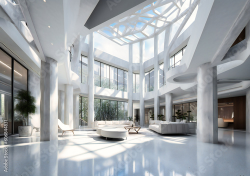 white lobby with large windows and skylights