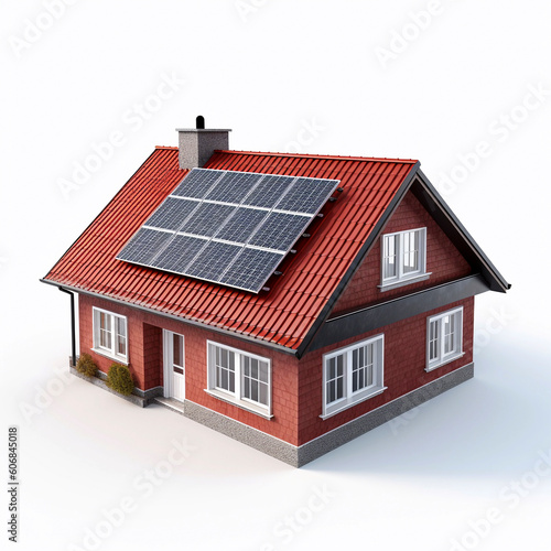 Photovoltaic system, solar power system on a house, white background Ai generated