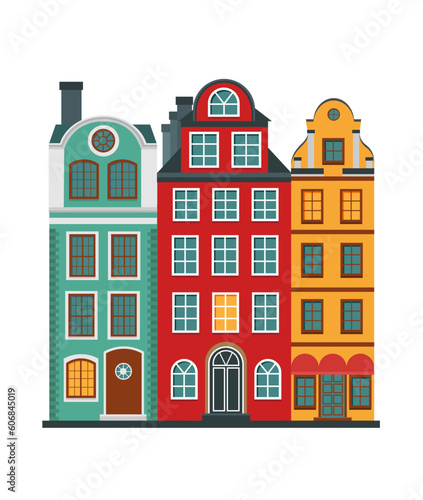 Vector illustration of the old buildings of Stockholm. Isolated on a white background.  