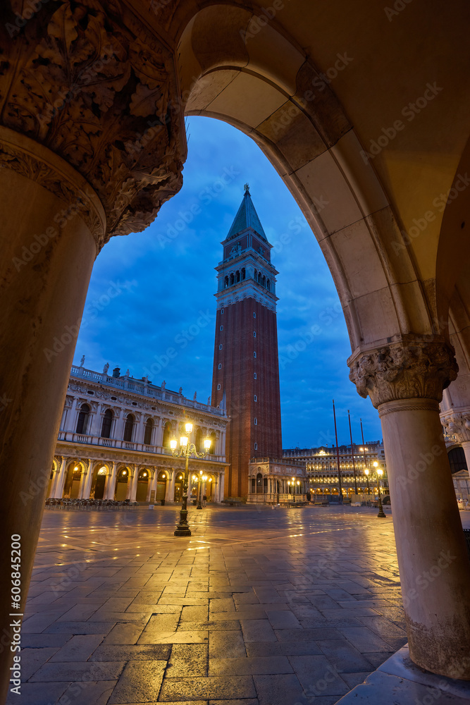 St Mark square in the first rays of sun at sunrise, Venice