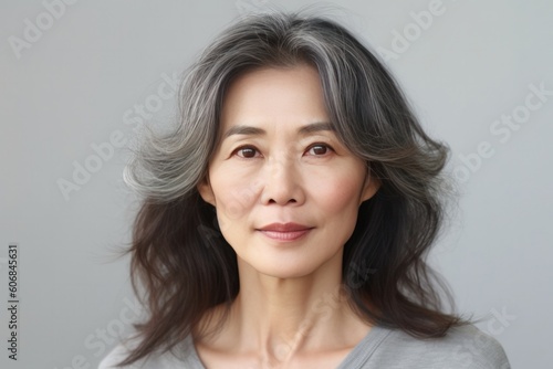 Portrait of Elderly Asian Woman Posing on Grey Background on Copy Space. Beautiful Age Model. Generative AI.