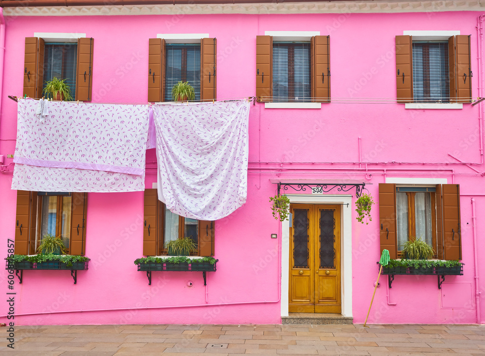 Front of the pink house on the island of Burano, Venice