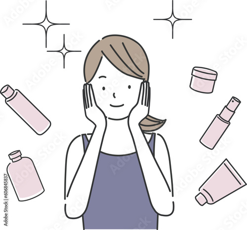 肌の手入れをする女性とスキンケア製品