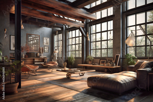 a living room with wooden beams