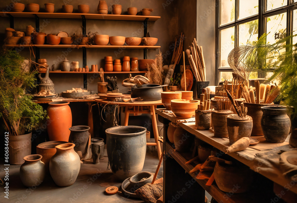a showroom with pots, brushes and some decorations a showroom with pots, brushes and some decorations