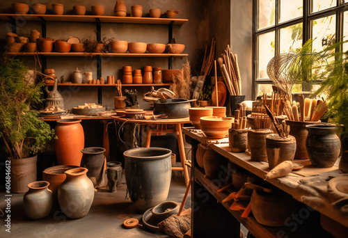 a showroom with pots, brushes and some decorations photo