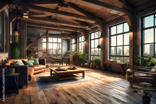 a living room with wooden beams