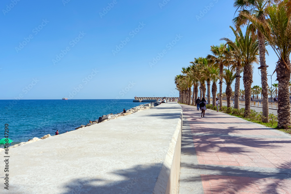 Panoramic view of Malaga port promenade in Malaga, Spain on April 9, 2023