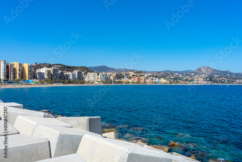 Panoramic view of Malaga coastline, beach Malageta in Malaga, Spain on April 9, 2023 