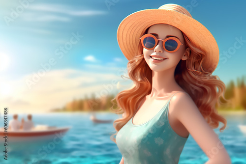  3d modeling of the woman enjoying on the beach, 3d render