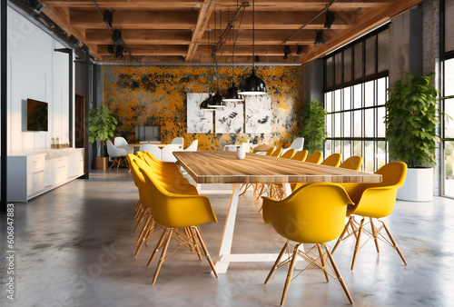 a white and wood conference table with yellow chairs