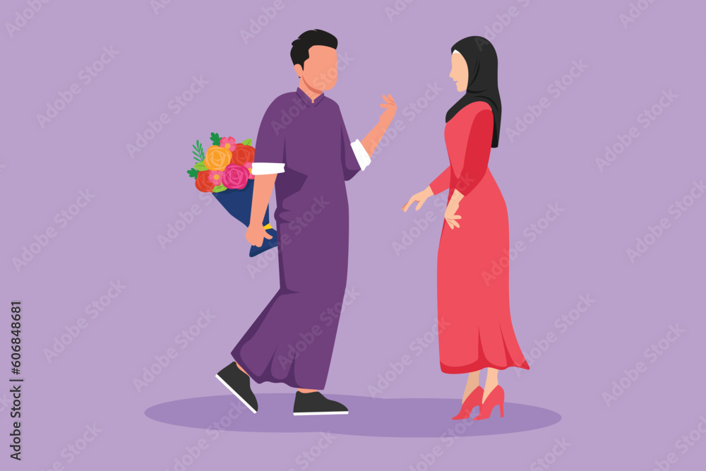 Cartoon flat style drawing Arabian man gives flowers to pretty woman. Young male giving to female bouquet of flowers for propose. Happy romantic Arab couple in love. Graphic design vector illustration Cartoon flat style drawing Arabian man gives flowers to pretty woman. Young male giving to female bouquet of flowers for propose. Happy romantic Arab couple in love. Graphic design vector illustration