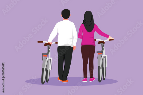 Cartoon flat style drawing back view of romantic couple walking together with bicycle at outdoor park. Arabian man and woman in love. Happy romantic married couple. Graphic design vector illustration