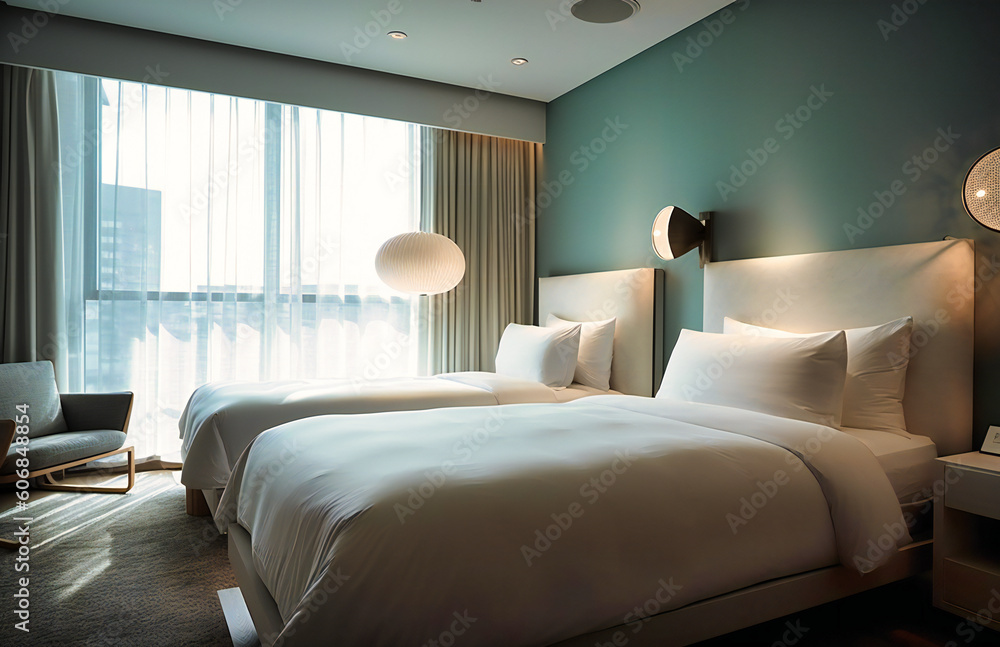 a hotel room showing two white beds in the background