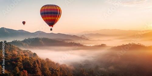 AI Generated. AI Generative. Hot air ballon fly in Thailand Chiang Mai mountain. Graphic Art