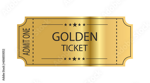 Golden ticket with stars and the inscription "Admit one". Vector illustration. 2023