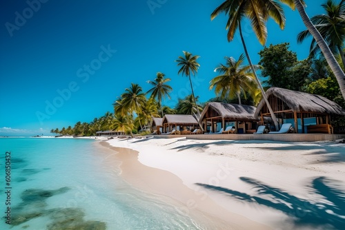 A stunning beach resort lines the white sands with palm trees  blue sea and sky for the perfect vacation. Generative AI.