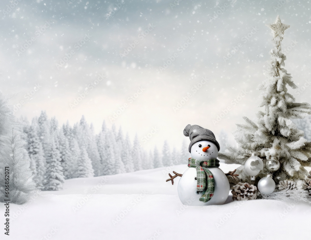 Snowman in a winter Christmas scene with snow, pine trees and warm light. Merry Christmas background.