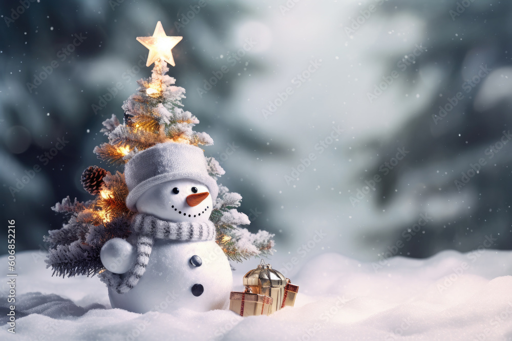 Obraz premium Snowman in a winter Christmas scene with snow, pine trees and warm light. Merry Christmas background.
