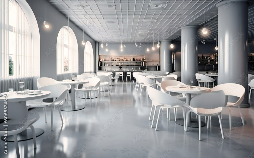 a modern cafe with many white tables and chairs