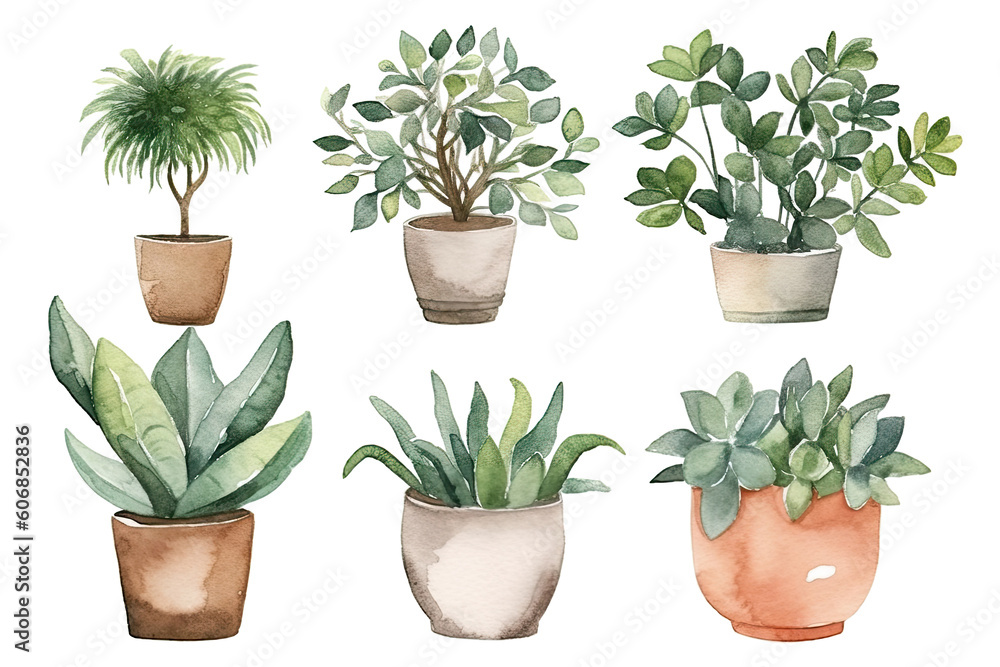 Watercolor of minimal Green Houseplant tree isolated on clear png background, elements natural botanical, leaves, flowers and herbs, set of tree plant collection, with Generative Ai. Watercolor of minimal Green Houseplant tree isolated on clear png background, elements natural botanical, leaves, flowers and herbs, set of tree plant collection, with Generative Ai.