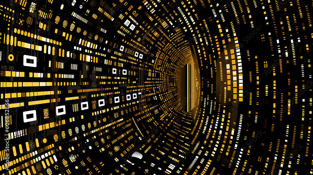 Obraz premium Background Wallpaper - Binary Code Tunnel to create a futuristic, digital aesthetic with Gold Colors (Generative AI)