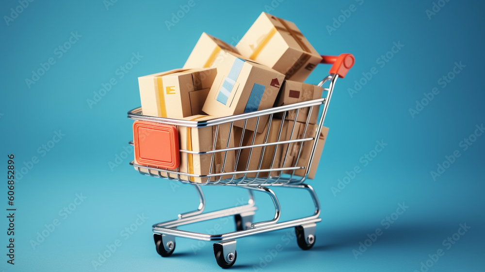 A shopping cart full of boxes on a blue background. A shopping cart full of boxes on a blue background.