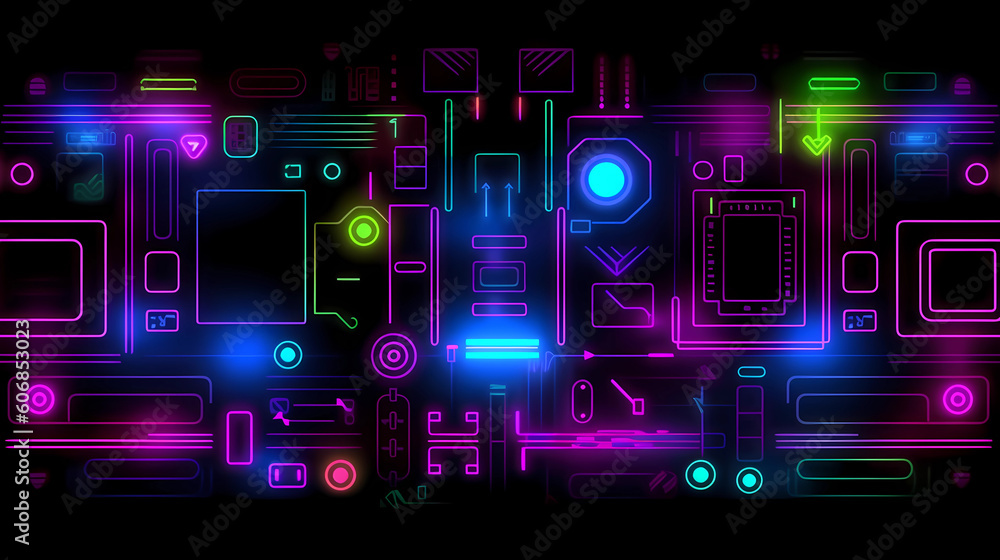 Background Wallpaper - Neon Glow - Neon elements against a dark background with futuristic symbols and circuit-like patterns (Generative AI)