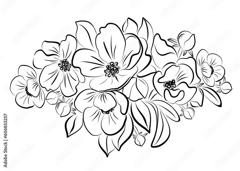 Pattern with an outline of flowers. Flowers on a white background. Floral hand drawn design element.