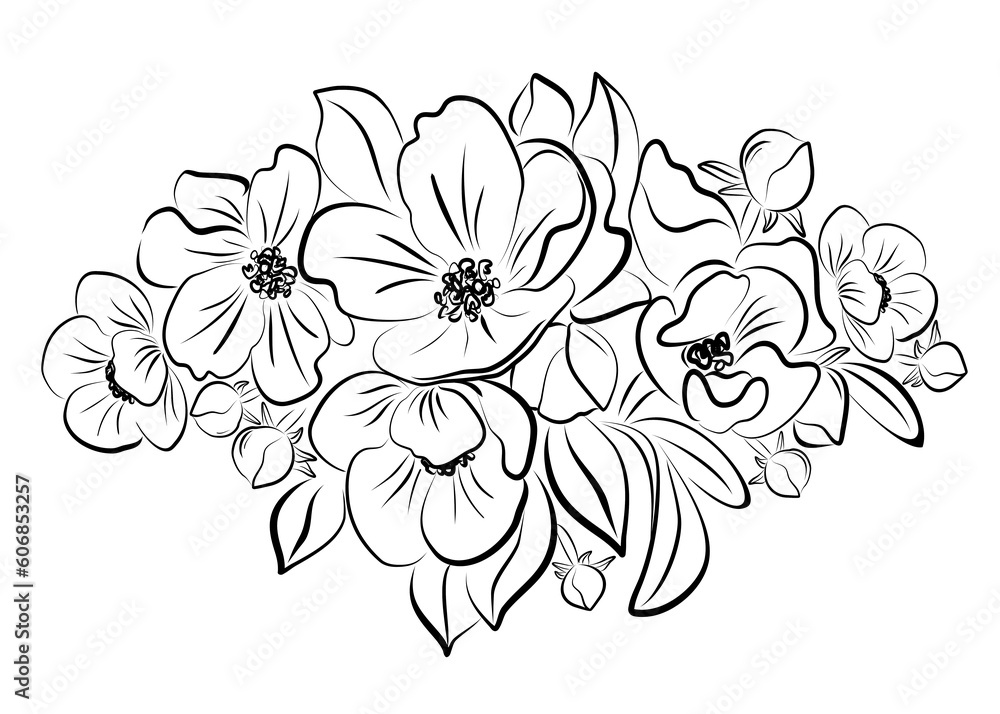 Pattern with an outline of flowers. Flowers on a white background. Floral hand drawn design element. Pattern with an outline of flowers. Flowers on a white background. Floral hand drawn design element.