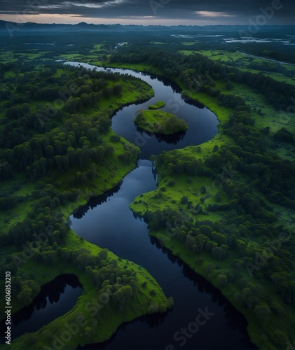 Aerial View of a Serene River Meandering Through Verdant Forests and Rolling Hills