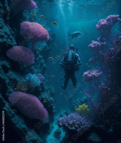 Immersive Underwater World: Tropical Fish, Vibrant Coral Reefs, and Adventurous Diver