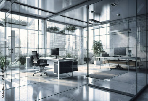 modern office with windows and open spaces in grey and white stock photo
