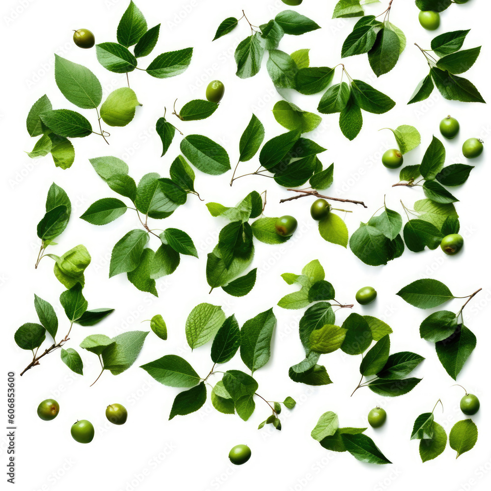Green leaves of plum tree, isolated on white background Green leaves of plum tree, isolated on white background