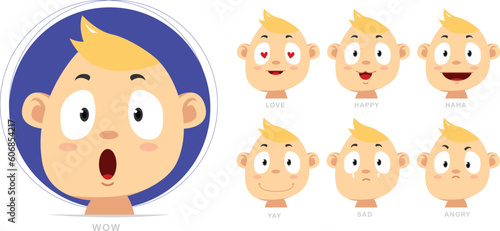 Cartoon character of a baby expressing a happy , sad , wow , angry and love