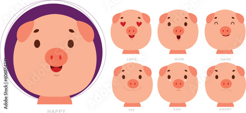 Pig character displaying a Happy , Sad , angry , wow and love
