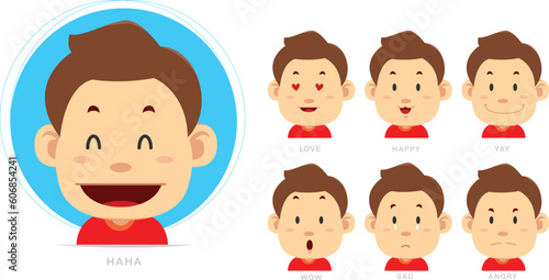 Cartoon character of a men in a red shirt expressing a happy , sad , wow , angry and love. 