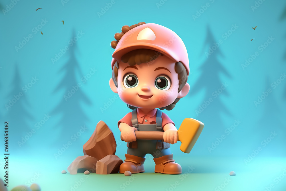 A cute baby wood cutter 3d character A cute baby wood cutter 3d character