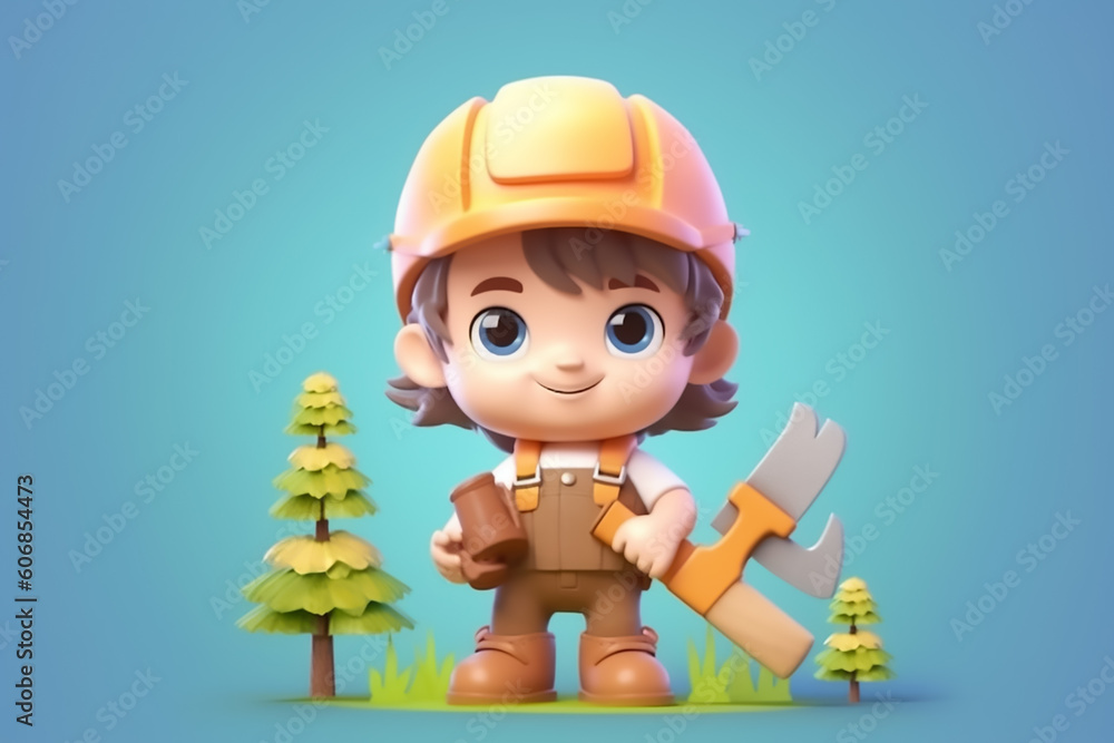 A cute baby wood cutter 3d character A cute baby wood cutter 3d character