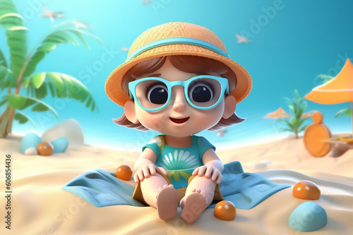 a cute 3d character of a baby girl lying on the beach sand © Brijesh