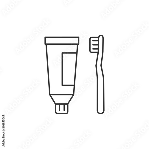 Handle toothbrush with toothpaste for brushing teeth. Icon. line style. Isolated on white background.