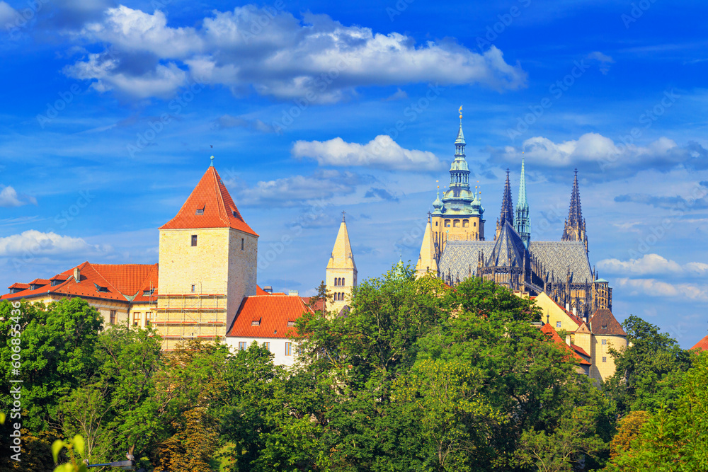 Summer cityscape - view of the Hradcany historical district and castle complex Prague Castle, Czech Republic