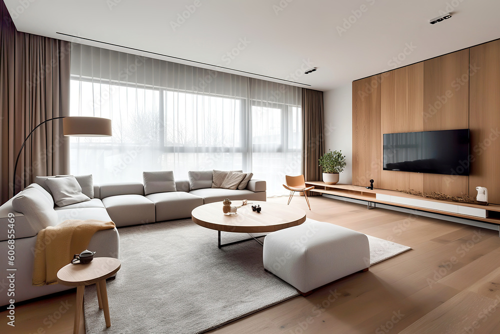 View of Minimalist style interior design of modern living room with tv. Created ...