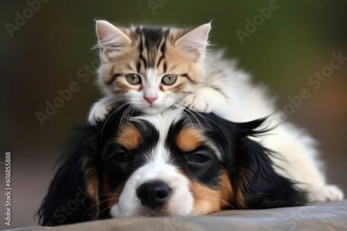 A heartwarming sight a cat and dog cuddle up in a loving embrace. AI Generative.