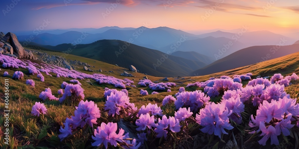 Obraz premium AI Generated. AI Generative. Beautiful rhododendron flowers over sunset mountains field landscape. Graphic Art