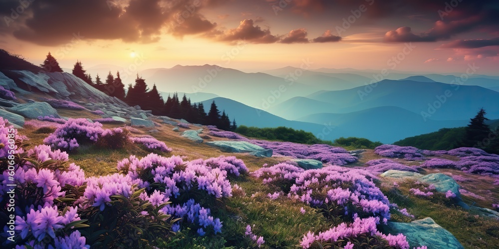 AI Generated. AI Generative. Beautiful rhododendron flowers over sunset mountains field landscape. Graphic Art AI Generated. AI Generative. Beautiful rhododendron flowers over sunset mountains field landscape. Graphic Art
