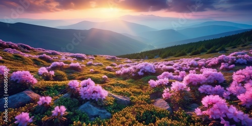 AI Generated. AI Generative.  Beautiful rhododendron flowers over sunset mountains field landscape.  Graphic Art © AkimD