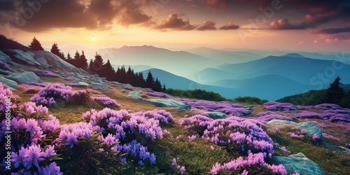 AI Generated. AI Generative. Beautiful rhododendron flowers over sunset mountains field landscape. Graphic Art
