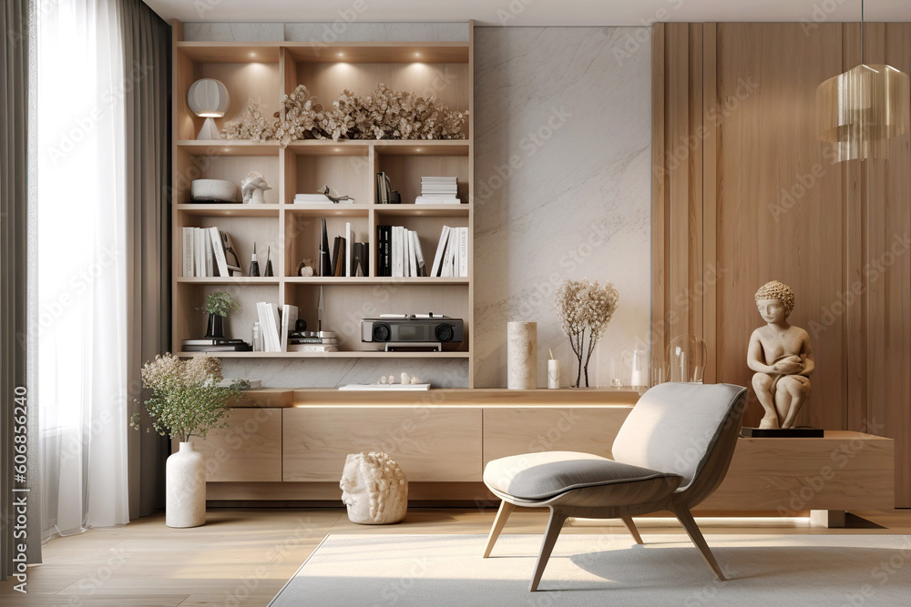 Wooden wall unit and armchair near it. Scandinavian style interior design of modern living room. Created with generative AI Wooden wall unit and armchair near it. Scandinavian style interior design of modern living room. Created with generative AI